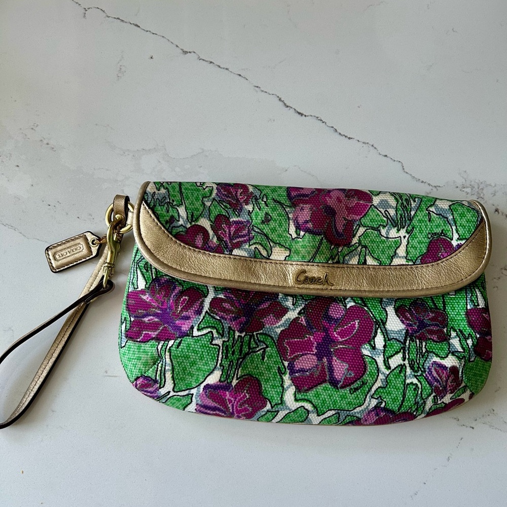 Coach Green and Purple Floral Wristlet